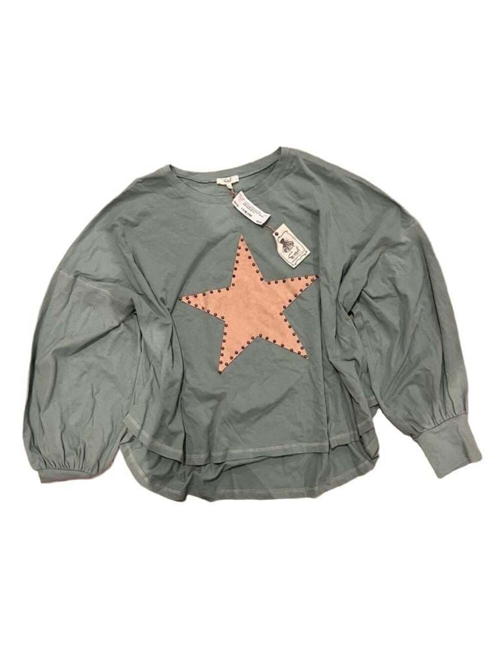 Easel Los Angeles Seafoam Long Sleeve Top with Studded Suede Star Patch bnwt
